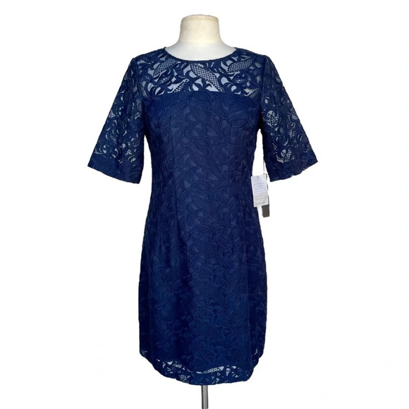 KAYA SLOANE Nordstrom Women’s Size L Navy SEWARD Lined Burnout Lace Sheath Dress - Picture 1 of 2